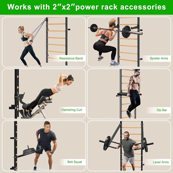 Kipika Gymnastic Wood Stall Bar, 2"x2" Swedish Ladder with 1" Hole | Wall Mounted Pull-up Bar Ladder Suspension Trainer, Solid Wood Grips Gymnastics Training Bar for Home, Wall Gym, School