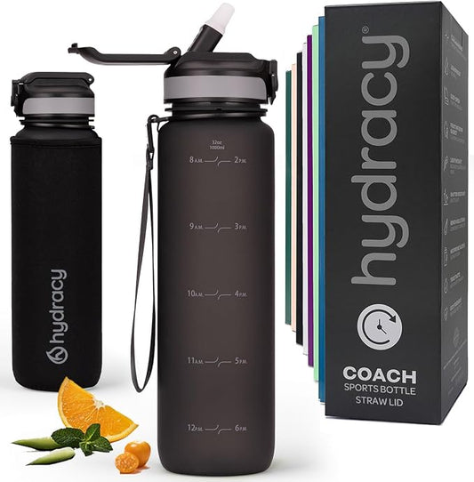 Hydracy Motivational Water Bottle with Time Marker and Straw Lid 32 oz | Leakproof,BPA Free,No Sweat Neoprene Sleeve,Carry Strap,Daily Intake Tracking for Fitness & Outdoors