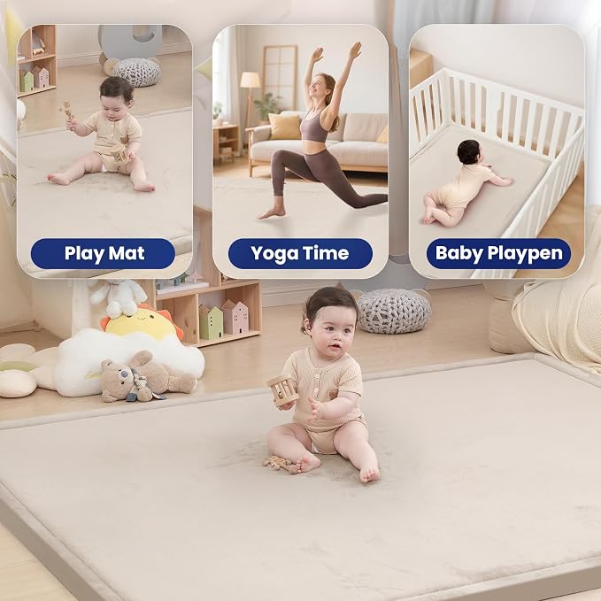 Huloo Sleep 2" Extra Thick Baby Play Mat for Floor,Ultra Soft Elasti Foam Mat for Tummy Time & Crawling,Playpen,Non Slip Nursery Rug for Toddlers,Infants,kids,Tatami Style for Yoga,Playroom(Beige)