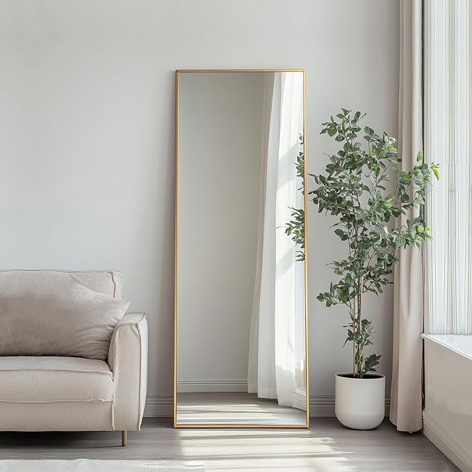 Gold Full Length Mirror 56x18 inch, Standing Mirror Full Length | Brushed Gold Metal Frame, High Definition Mirror, Rust-proof, Body Mirror for Bedroom, Living Room, Yoga Room, Gym.