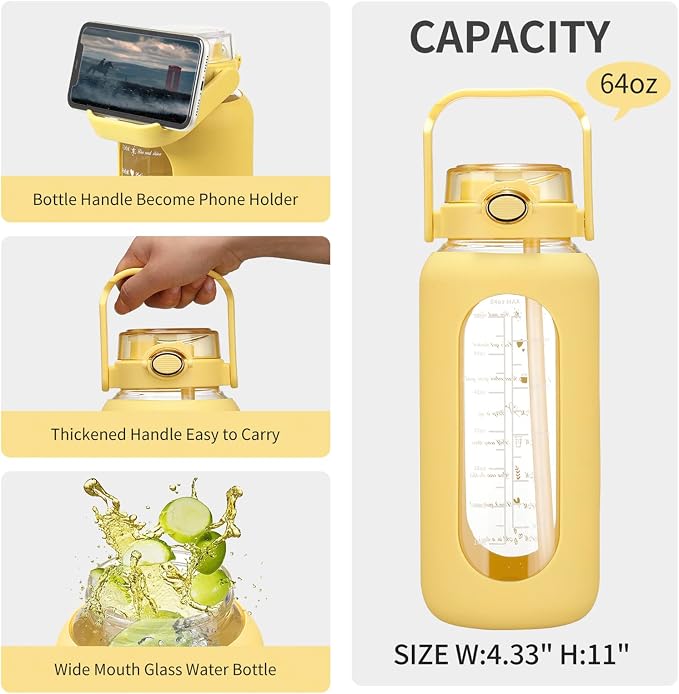 chunmo 64oz Glass Water Bolttles with Straw Half Gallon Large Motivational Water Bottle with Time Marker Sports Water Bottles with Silicone Sleeve and Handle Lid Water Jug for Gym Workout