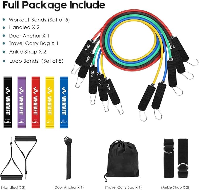 WHATAFIT Resistance Bands with Handles, 5-Level Exercise Bands for Workout | Natural latex,10-50 lbs, stackable to 150,Ankle Straps, Door Anchor,Guide. For Strength, Yoga,Home Gym,Travel & Workout.