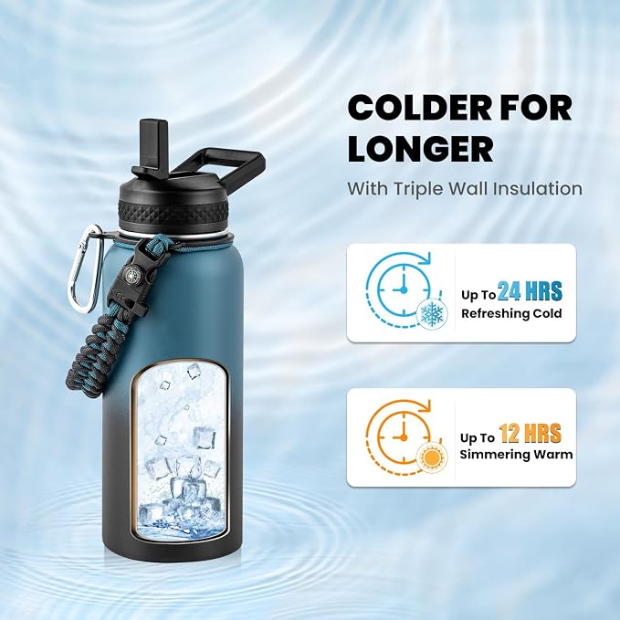 RAYMYLO Insulated Water Bottle 32 oz, Triple Wall Vacuum Stainless Steel | (Cold for 24Hrs, Hot for 12Hrs), Leak Proof & Non-BPA, Modern Water Flask Jug with Paracord Handle & Straw Spout Lids