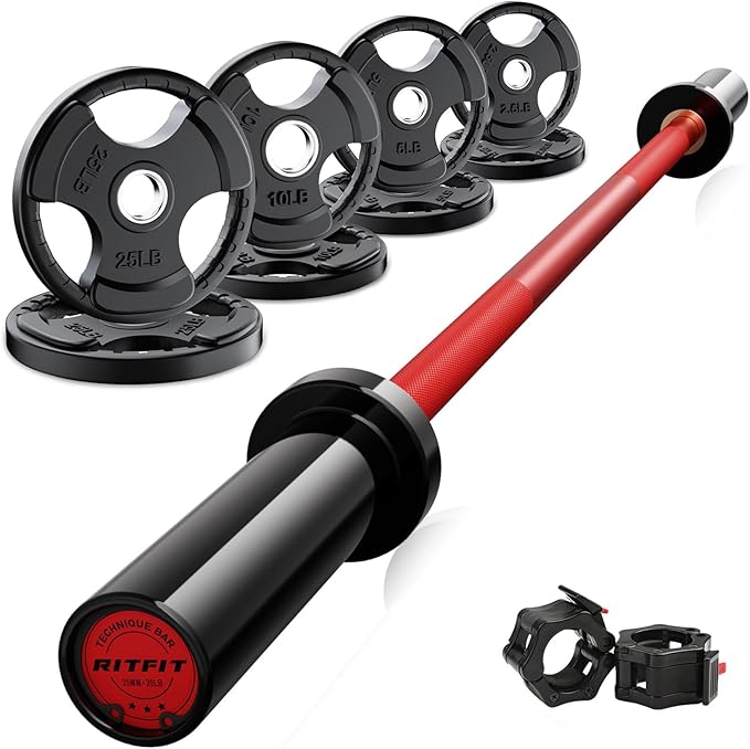 RitFit Barbell Weight Set - 4/6FT Olympic Barbell with Weight Plates (55-115LB Total) - Weightlifting Equipment for Squats, Curls, Deadlifts, Presses, Hip Thrusts