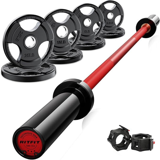 RitFit Barbell Weight Set - 4/6FT Olympic Barbell with Weight Plates (55-115LB Total) - Weightlifting Equipment for Squats, Curls, Deadlifts, Presses, Hip Thrusts