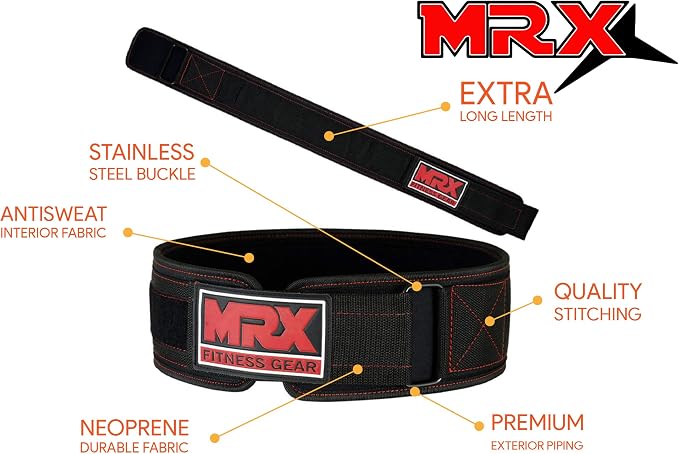 MRX Weight Lifting Belt - 4 Inches Wide 8mm Thick Padded Back Support with Flexible Ultralight Foam Powerlifting Belts Heavy Duty Deadlifts Workout Squats Exercise & Lifting Belt for Men & Women