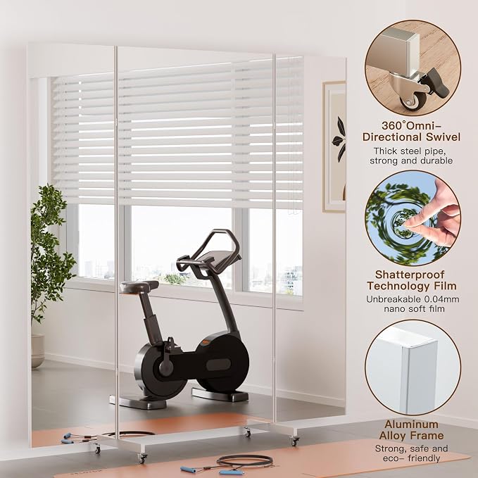 brisafe NanoMirror Full Length Mirror with 360° Wheels, 79"x71" Foldable Floor Mirror, Shatterproof Nano-Tech Film, Ultra-Large Mobile Mirror for Home Gym, Dance Studio & Commercial Spaces (Black)