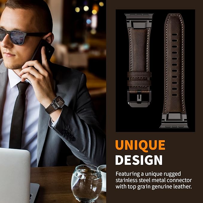 Bands Compatible with Apple Watch Ultra 3/2/1 Band 49/46/45/44mm | Genuine Leather Metal Connector Strap for iWatch Ultra Series 11/10/9/8/7/SE/6/5/4/3/2/1, Dark Coffee Brown/Black