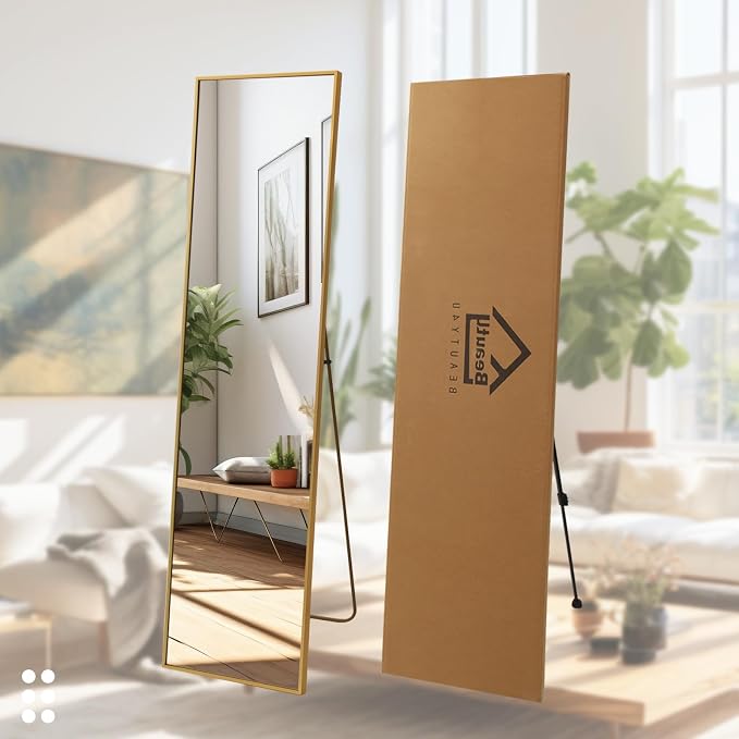 Beauty4U 59" x 16" Full Length Mirror with Stand, Gold Floor Mirror | Standing, Leaning, or Wall-Mounted Tempered Glass Full Body Mirror with Metal Frame for Bedroom, Closet, Modern Home Decor