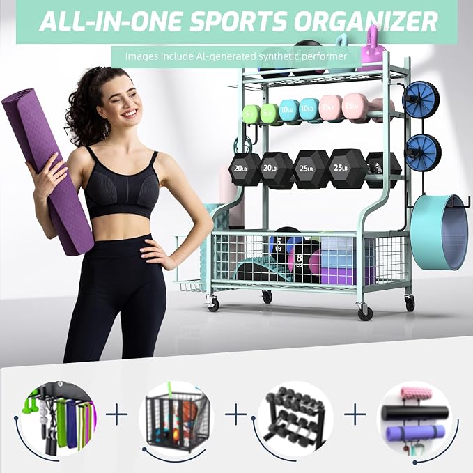 PLKOW Dumbbell Rack, Weight Rack for Dumbbells, Home Gym Storage for Dumbbells Kettlebells Yoga Mat and Balls, All in One Workout Storage with Wheels and Hooks, Powder Coated Finish Steel