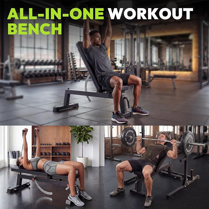 HANDBODE Adjustable Weight Bench, 1500 lb Incline Workout Bench, Home Gym | 0 To 85 Degree Backrest, Three Seat Angles, Steel Frame, Wheels And Handle, Foldable Storage, Chest Presses, Dumbbell Rows