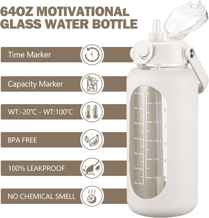 64oz Glass Water Bottles with Straw, Half Gallon Motivational Glass Bottle with Silicone Sleeve and Time Marker, 2L Leakproof Large Glass Water Jug for Gym Home Office,White
