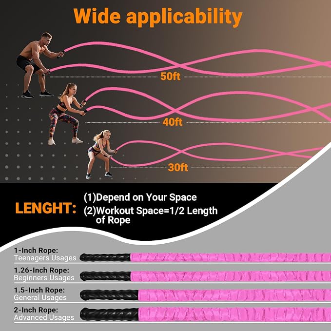 Battle Ropes for Home Gym 1 Inch Diameter 30FT Length Workout Rope Exercise Rope Training Ropes with Protective Sleeve for Kids Men Women Exercise Fitness & Strength Training-Pink