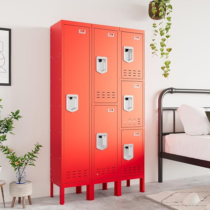 BUTISOW Metal Storage Locker with Lock & Card Slot Locker - Secure Lockable Door - Steel Locker for School, Office, Gym, Home - 66.15" H x 11.8" W x 11.8" D（2 Door, Red）
