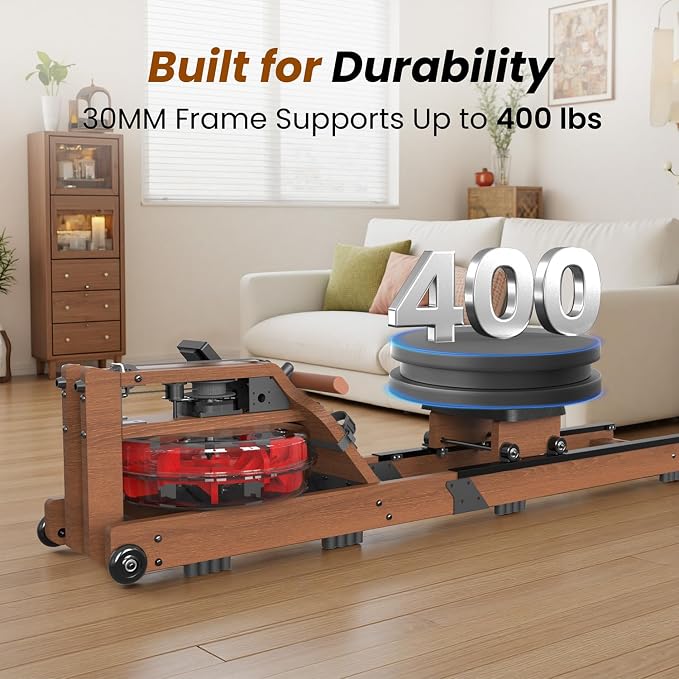 Water Rowing Machine for Home, Rower Machine 400LBS Weight Capacity with Dedicated Monitor & Comfortable Seat, Bluetooth APP