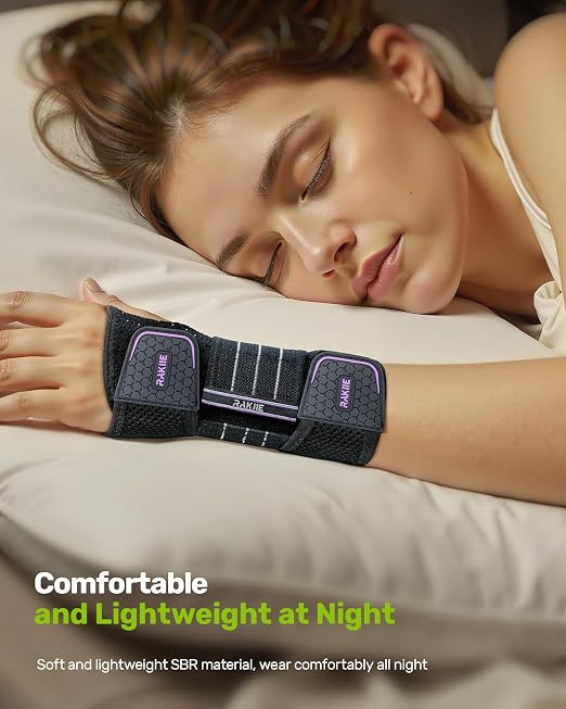 Rakiie Carpal Tunnel Wrist Brace, Adjustable Night Wrist Support with 3 Metal Splints, Hand Brace for Men Women No Pressure on Thumb, Splint Stabilizer for Work, Arthritis (Right Hand, Purple, Large)