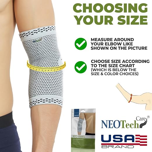 NeoTech Care Elbow Support Brace - Breathable - Men, Women, Right or Left (Gray, Size L, 1 Pair)