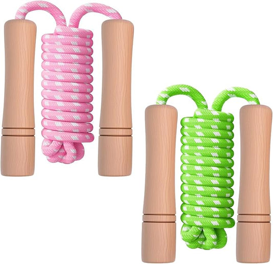 Jump Rope for Kids - Wooden Handle - Adjustable Cotton Braided Fitness Skipping Rope for Toddler Fitness Workout Exercise Outdoor Activity