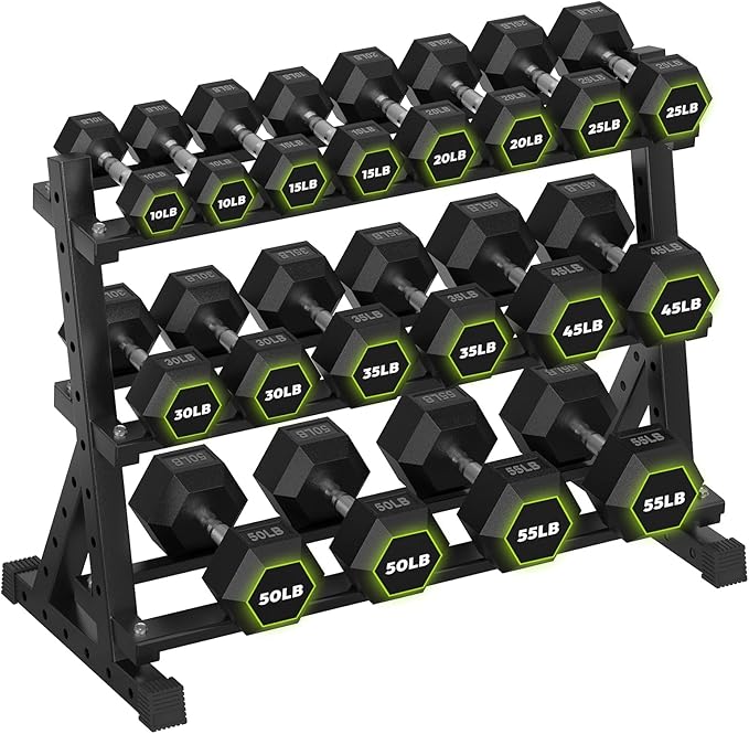 HANDBODE Dumbbell Set with Rack, Rubber Coated Fixed Dumbbells 390-790 lbs | Heavy Duty Hexagonal Weights, Non-Roll Hexagon Shape for Stability, Home Gym Strength Training Equipment
