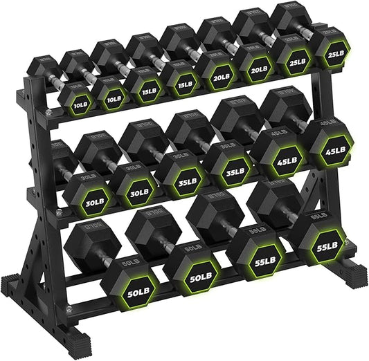 HANDBODE Dumbbell Set with Rack, Rubber Coated Fixed Dumbbells 390-790 lbs | Heavy Duty Hexagonal Weights, Non-Roll Hexagon Shape for Stability, Home Gym Strength Training Equipment