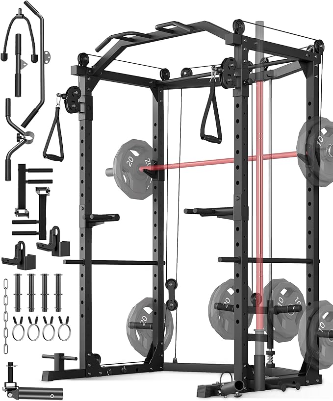 Garvee Power Cage with Cable Crossover System, Power Rack for Home Gym | 1600 Lb Capacity, Carbon Steel Squat Machine with LAT Pulldown Pulley System, J-Hooks, Dip Handles, Landmine Attachment
