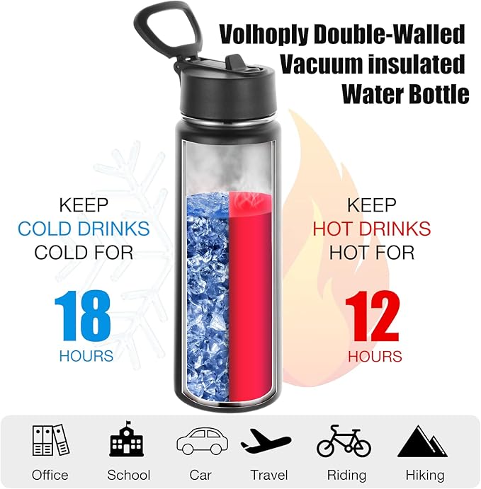 Volhoply 24oz Insulated Water Bottle With Straw Bulk 6 Pack,Metal Wide Mouth Water Bottles With Handle Lid Keep Cold,Reusable Double Wall Cups,Powder Coated Sport Bottle For Holder(Mix,6 Count)