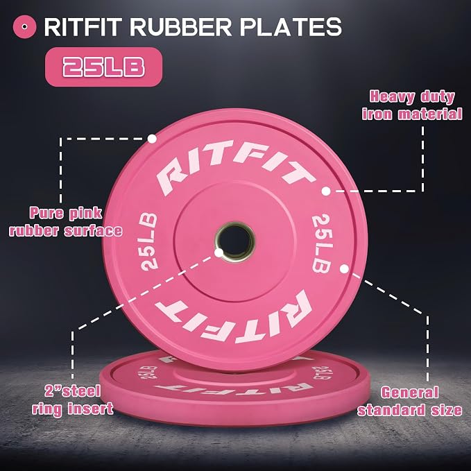 RITFIT Pink Olympic Bumper Plates with Steel Insert for Home Gym | High-Density Rubber with Low Bounce, 2-Inch Olympic Bore with Steel Insert, Pink Color for Strength Training