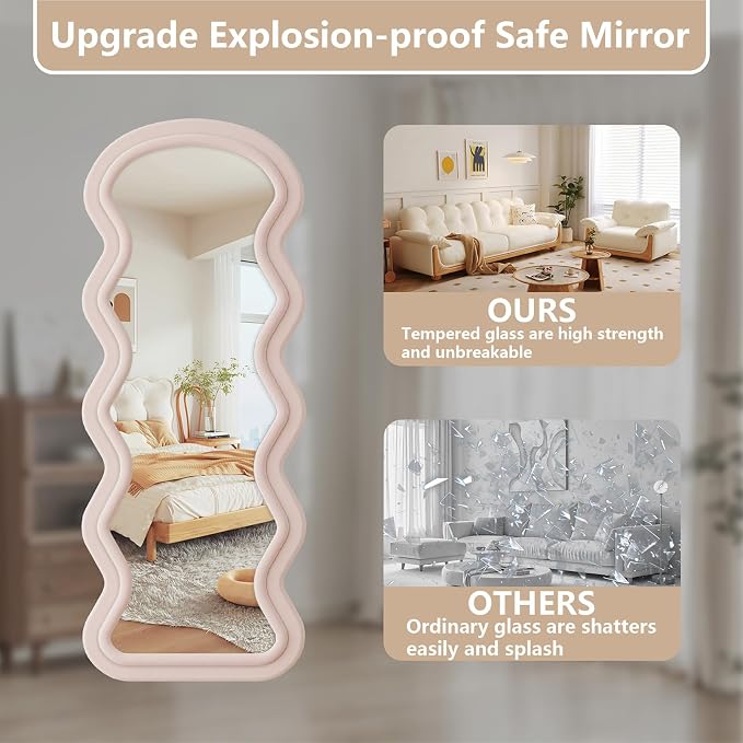 Full Length Mirror, 71"x32" Wavy Full Body Mirror Flannel | Full Body Mirror with Stand, Flannel Floor Mirrror Bedroom and Living Room, Wall Mirror Hanging or Leaning, Pink