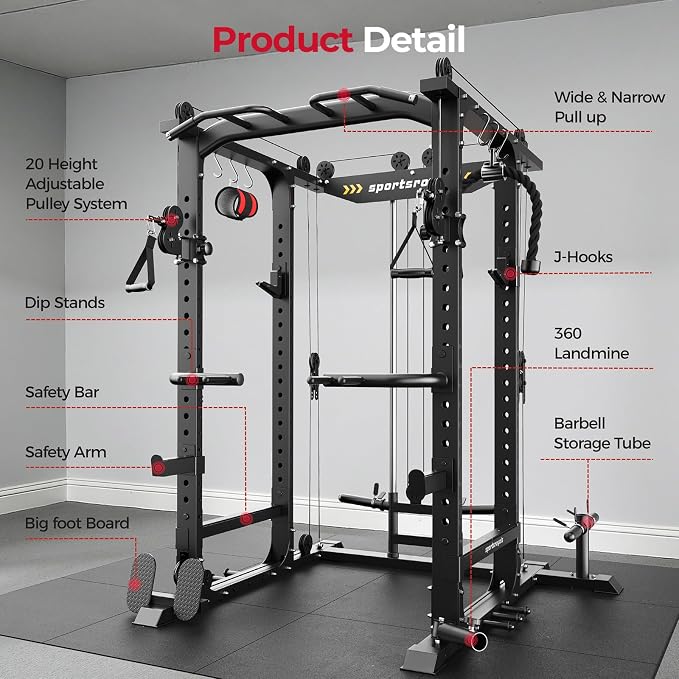 Sportsroyals Power Cage, 1600LBS Squat Rack with Cable Crossover System | Power Rack with LAT Pull Down System, Workout Cage with Pulley System for Fitness Home Gym Strength Training