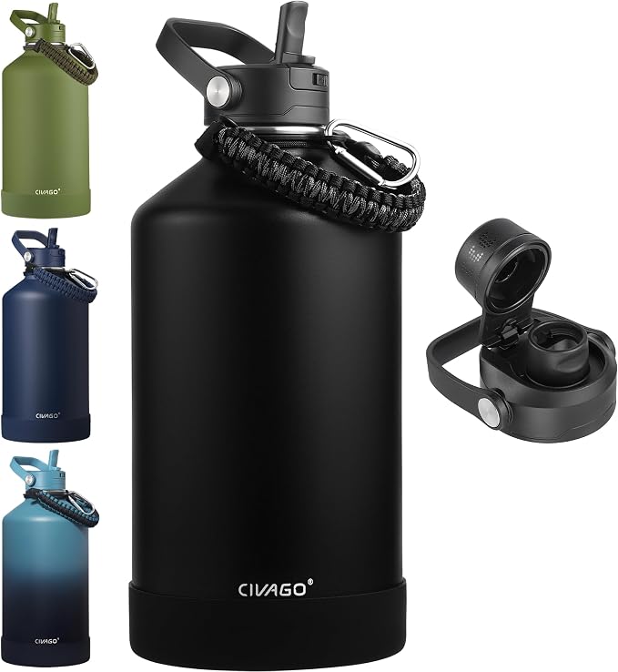CIVAGO Gallon Insulated Stainless Steel Water Bottle with Removable Straw | 128 oz Large Leakproof Water Jug, Big Metal Sports Flask Cup with Bucket Handle, Silicone Boot, Strap, Dishwasher Safe, Black