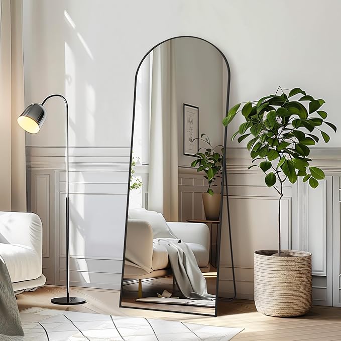 MirrMuse 56"x18" Arched Full Length Mirror, Black Floor Mirror with Stand | Hanging or Leaning Against Wall, Tempered Glass, Full Body, for Bedroom Living Room, Aluminum Alloy Frame
