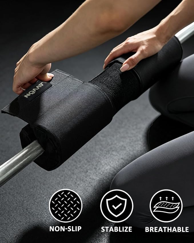 Barbell Squat Pad Set- Nylon Padding AntiSlip- Thick Foam Hip Thrusts Pads | Bench Press/Lunges/Bar Squats Padding Cushion -Standard Olympic Weight Bar Pad(Wrist Straps Weightlifting-Ankle Straps)