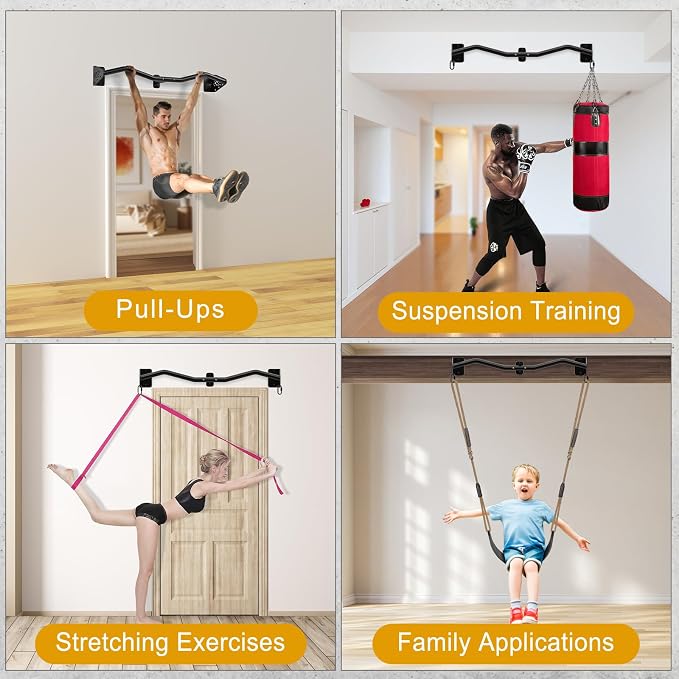 Kipika Wall Mounted Pull Up Bar - Heavy Duty 500 LB Capacity Doorway Chin Up Bar for Home Gym, Sturdy Steel Construction with Resistance Band Hooks | Hanging Exercise Bar for Full Body Workout
