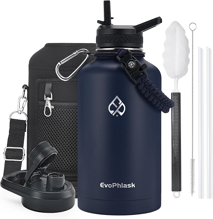Insulated Water Bottle 64 oz with Carrier Bag, Dark Blue | Stainless Steel, Vacuum Insulated Keep Cold 48 Hrs, Half Gallon Large Water Jug, For Travel, Sport, Gym, Hiking