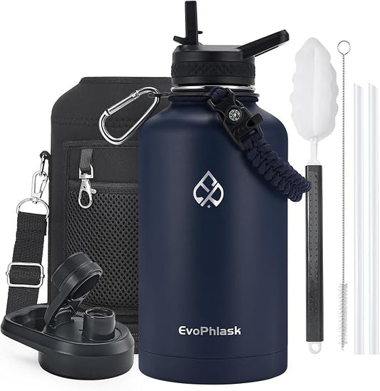 Insulated Water Bottle 64 oz with Carrier Bag, Dark Blue | Stainless Steel, Vacuum Insulated Keep Cold 48 Hrs, Half Gallon Large Water Jug, For Travel, Sport, Gym, Hiking