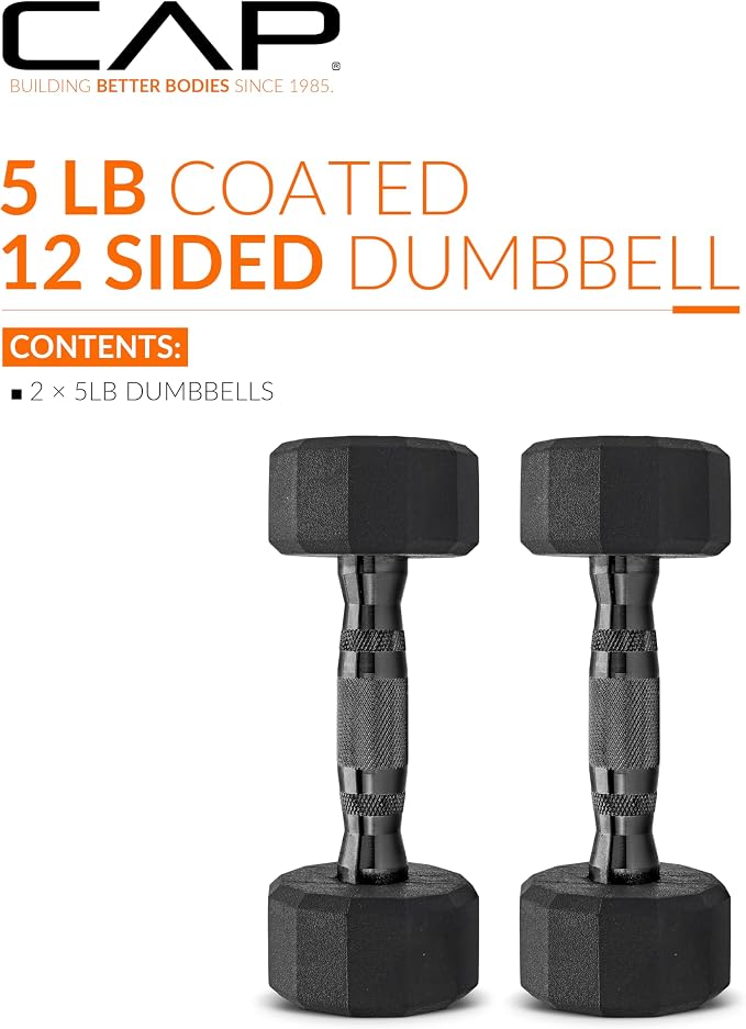 CAP Rubber Coated Dumbbell Weights, Free Weights for Home Gym Strength Training, Anti-Roll Hex Dumbbells with Black, Chrome & Comfort Grip Handles, Pairs & Sets