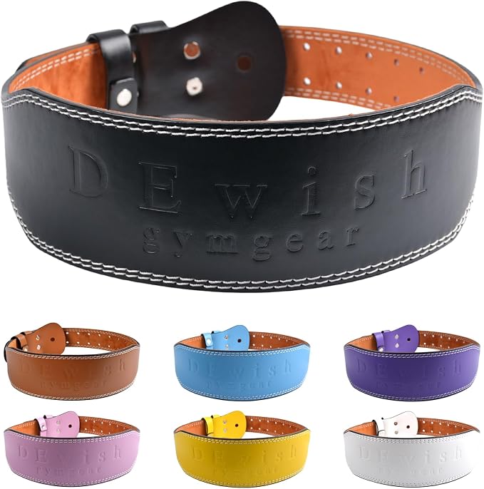 Leather Gym Fitness Belt, 4" & 6" Padded Lumbar Back Support, 10 Adjustable Holes for Weightlifting Powerlifting Bodybuilding Deadlift Squat Workout Strength Training