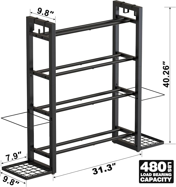 4-Tier Dumbbell Rack with Yoga Mat Holder, Home Gym Weight Rack | Multi-Function Side Storage for Yoga Mats, Foam Rollers & Long Fitness Accessories, 4 Utility Hooks, Heavy-Duty Steel Frame