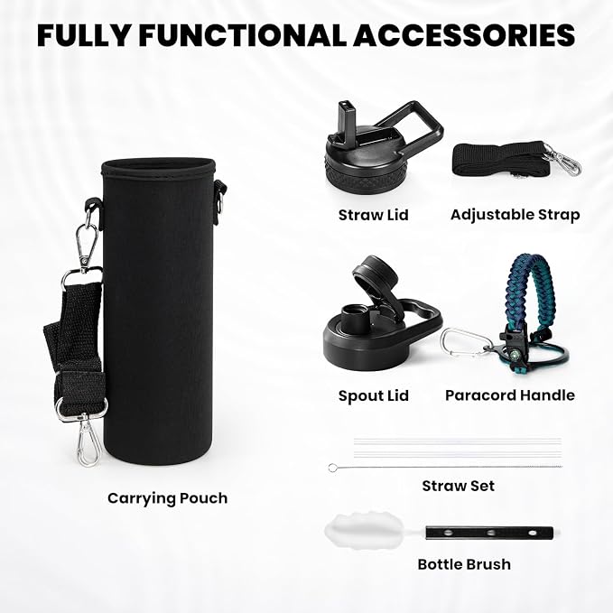RAYMYLO Insulated Water Bottle 24 oz, Triple Wall Vacuum Stainless Steel | (Cold for 24Hrs, Hot for 12Hrs), Leak Proof & Non-BPA, Modern Water Flask Jug with Paracord Handle & Straw Spout Lids