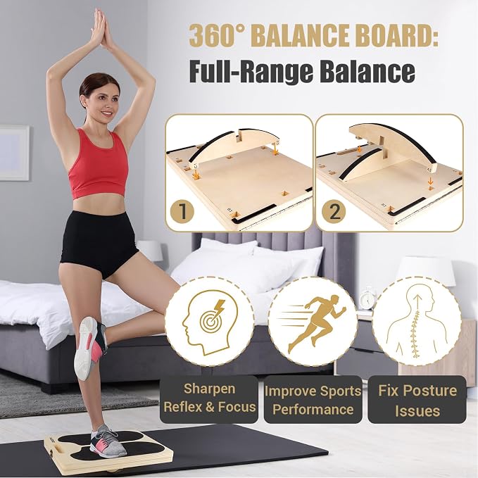 3-in-1 Slant Board & 180°/360° Balance Board, 300 LBS Capacity Calf Stretch | Training Poster, 6 Adjustable Angles, Non-Slip Calf Mobility Board for Legs, Ankles, Knees, Heels, Physical Therapy & wobble