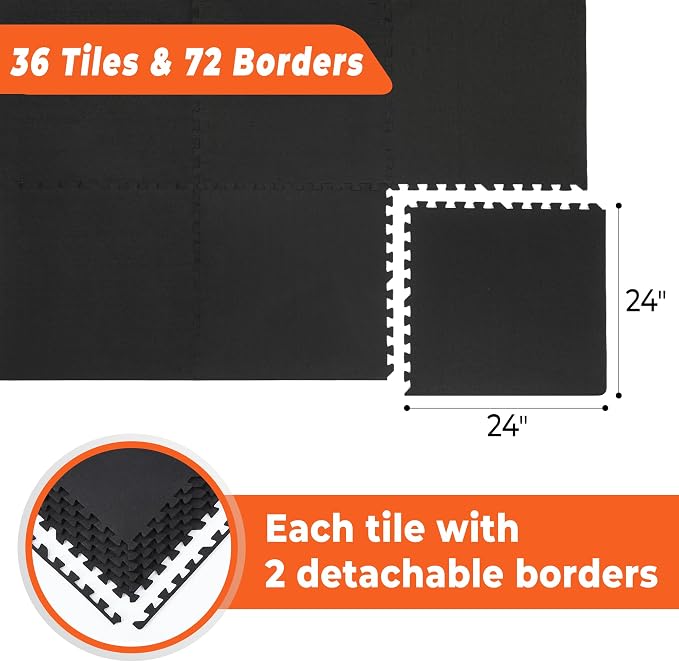 SUPERJARE 0.4'' Thick 36 Pcs 144 Sq Ft Rubber Top Exercise Equipment Mats, High Density EVA Foam Mats with Rubber Top, Interlocking Gym Flooring for Home Gym, Protective Workout Mat, Black
