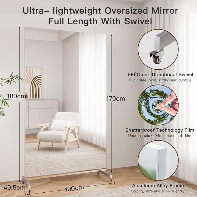 Home Gym Mirror 360° Swivel on Wheels, 67" X 40" Extra Large Full Body Rolling for Yoga, Nano Film Super Lightweight Unbreakable Full Length Mirror, Black, 9.5 lbs