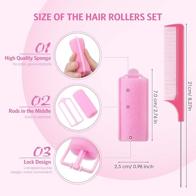 Syhood 48 Pcs Foam Hair Rollers for Overnight Styling Flexible Sponge Heatless Curlers and Rat Tail Comb for Short/long Hairs Women Hairdressing Styling(Pink,0.98 inch)
