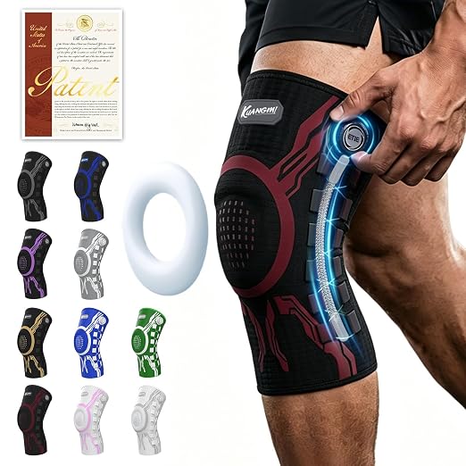 Kuangmi Knob Knee Brace for Pain Relief, Knee Support with Patella Gel Pad & Side Stabilizers, Compression Knee Sleeve for Workout, Arthritis, Joint Pain, Meniscus Tear (Red Black,Left,Medium,Single)