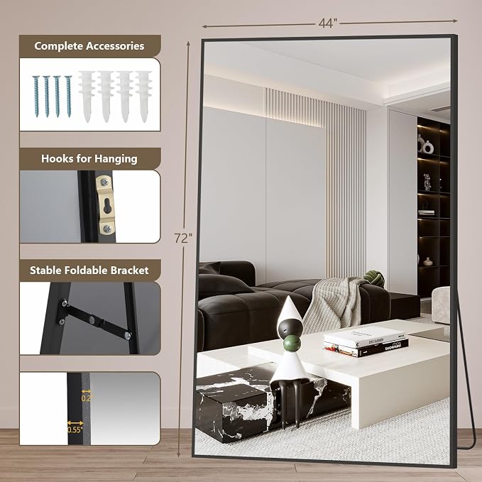 Mirrorons 72"x44" Oversized Black Full Length Mirror, Floor Standing or Wall Mounted with Hanging Kit, Shatterproof Tempered Glass Mirror for Living Room, Bedroom, Dressing Room, Gym