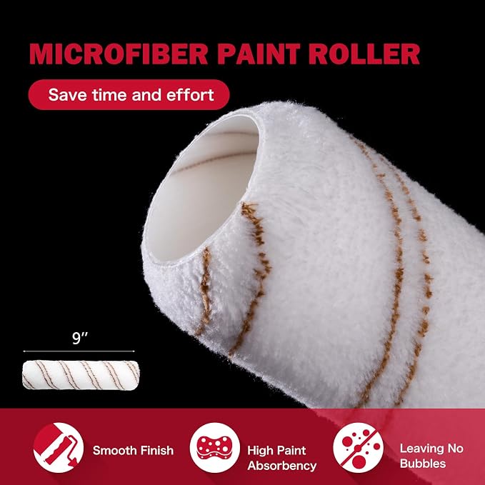 Mister Rui 20-Piece Paint Roller Kit, 9 Inch and 4 Inch Microfiber Roller Set with Paint Tray, Liners, Brushes, Drop Cloth and Tape for Walls, Ceilings, Trim and Home Painting
