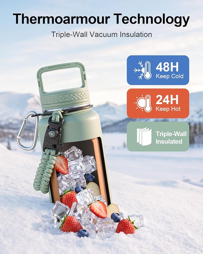 Trebo Water Bottle Insulated 40 oz with 3 Lids, Paracord Handle & Sleeve | Stainless Steel Flask Vacuum, Triple Wall Copper Plated, Dishwasher Safe, Keeps Cold 48Hrs for Hiking, Gym, Wide Mouth