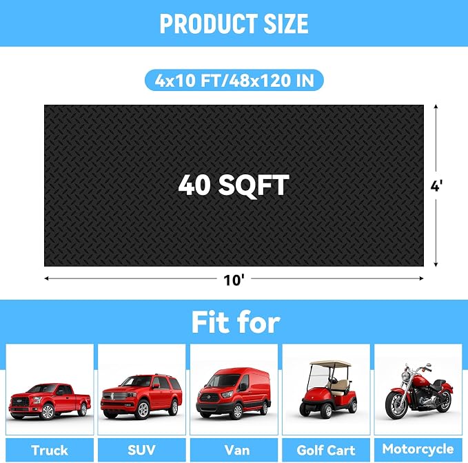 4x10 FT Garage Floor Mat, 2.8mm Thickened Diamond Plate | PVC Flooring Roll for Under Car/Golf Cart/Motorcycle, Garage Mat for Warehouse/Basement/Gyms/Trailer, Tapes Included, Black