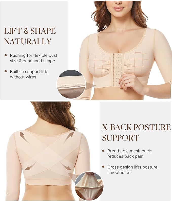 BRABIC Upper Arm Shaper for Women Fajas Post Surgery Compression Sleeves | Front Closure Bra, Arm Lipo Compression Garment, Slimming Shapewear Top, Support for Flabby Arms and Post-Surgery Recovery