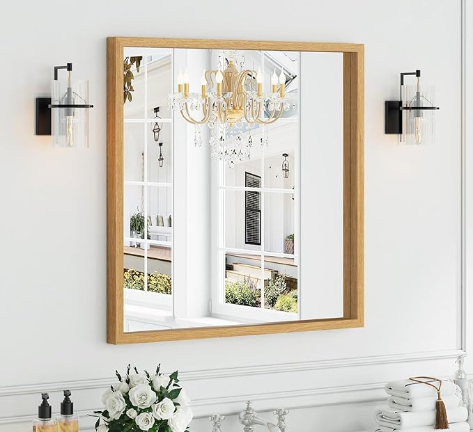 Syndra Square Natural Wood Frame Bathroom Mirror, 32''x32'' Modern Vanity Mirror for Wall, Waterproof Slim Deep Frame, HD Tempered Glass Mirror for Living Room, Bedroom, Entryway, Rustic, Farmhouse